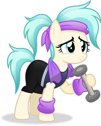Size: 3439x4301 | Tagged: safe, artist:anime-equestria, coco pommel, earth pony, pony, g4, alternate hairstyle, clothes, female, headband, high res, leg warmers, mare, ponytail, shorts, simple background, smiling, solo, towel, transparent background, vector