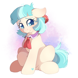 Size: 2048x2048 | Tagged: safe, artist:adostume, coco pommel, earth pony, pony, g4, blushing, cocobetes, cute, digital art, female, heart, looking at you, mare, raised hoof, shy, simple background, sitting, smiling, smiling at you, solo, white background