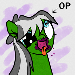 Size: 1000x1000 | Tagged: safe, artist:scandianon, oc, oc only, oc:filly anon, crayon, derp, eating, female, filly, foal, open mouth, reaction image, retarded, solo, tongue out
