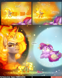 Size: 3541x4469 | Tagged: safe, artist:jewellier, artist:lummh, daybreaker, princess cadance, alicorn, pegasus, comic:the princess of love, g4, alternate hairstyle, alternate tailstyle, ascension realm, comic, crown, dialogue, female, fiery mane, filly, filly cadance, fire, foal, frightened, gritted teeth, high res, hoof shoes, jewelry, lyrics, mare, pegasus cadance, peytral, pinpoint eyes, princess celestia's special princess making dimension, princess shoes, regalia, tail, teeth, text, wide eyes, young cadance, younger