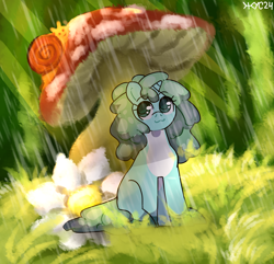 Size: 2244x2160 | Tagged: safe, artist:juiss, oc, oc only, oc:mintya, goo, goo pony, original species, pony, snail, flower, micro, mushroom, rain, sitting, slime, solo