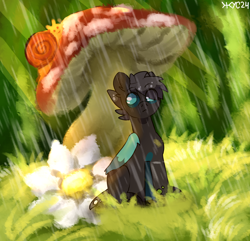 Size: 2244x2160 | Tagged: safe, artist:juiss, oc, oc only, changeling, original species, pony, snail, flower, micro, mushroom, rain, sitting, solo