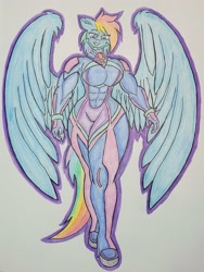 Size: 2891x3835 | Tagged: safe, artist:shrimpsauce, rainbow dash, pegasus, anthro, g4, abs, breasts, busty rainbow dash, female, muscles, muscular female, photo, rainbuff dash, smug, smugdash, solo, spacesuit, tail, walking towards you, winged anthro, wings