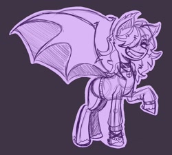 Size: 1020x919 | Tagged: safe, artist:goldensucculents, bat pony, pony, clothes, darkydv, fanart, fangs, hoodie, hooves, sketch, solo, spread wings, unshorn fetlocks, wings, youtuber