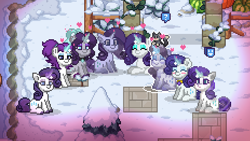 Size: 463x262 | Tagged: safe, rarity, pony, unicorn, pony town, g4, female, mare, sitting, smiling, snow, tree