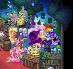 Size: 430x409 | Tagged: safe, applejack, fluttershy, pinkie pie, rainbow dash, rarity, spike, twilight sparkle, alicorn, earth pony, pegasus, pony, unicorn, pony town, g4, book, bookshelf, candle, stool, tree, twilight sparkle (alicorn)