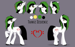 Size: 4858x3038 | Tagged: safe, artist:enderbee, oc, oc only, oc:trance sequence, pony, butt, chest fluff, cutie mark, emotions, full body, green hair, male, plot, reference, reference sheet, shading, simple background, stallion, yellow eyes
