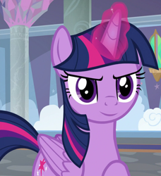 Size: 958x1051 | Tagged: safe, edit, edited screencap, editor:twilyisbestpone, screencap, twilight sparkle, alicorn, pony, g4, school daze, season 8, female, folded wings, inverted mouth, looking at you, magic, magic aura, mare, raised hoof, school of friendship, smiling, solo, twilight sparkle (alicorn), wings