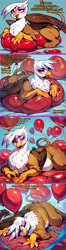 Size: 2000x7574 | Tagged: safe, ai assisted, ai content, artist:rupert, generator:pony diffusion v6 xl, generator:stable diffusion, prompter:rupert, gilda, griffon, series:ask white belly gilda, g4, ask, balloon, balloon fetish, blushing, chubby, eyes closed, female, fetish, happy, high res, lying down, pale belly, party balloon, plump, prone, purring, solo, squishy, that griffon sure does love balloons, tumblr, white belly