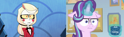 Size: 2464x738 | Tagged: safe, edit, screencap, starlight glimmer, demon, pony, unicorn, g4, :i, charlie morningstar, clothes, cup, discovery family, discovery family logo, facial expressions, female, food, hazbin hotel, hell, hellaverse, hellborn, horn, i mean i see, logo, magic, mare, marshmallow, overture, pride ring, princess, princess of hell, red eyes, similarities, suit, telekinesis