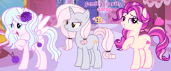 Size: 1280x534 | Tagged: safe, artist:vi45, oc, oc only, earth pony, pegasus, pony, unicorn, g4, carousel boutique, female, flower, flower in hair, mare