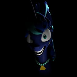 Size: 2160x2160 | Tagged: safe, artist:anythingpony, princess luna, alicorn, g4, 3d, 80s hair, 80s princess luna, black background, bust, crazy eyes, insanity, jewelry, looking at you, lunatic, necklace, ponytail, simple background, smiling, smiling at you, solo, source filmmaker, teeth