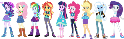 Size: 3917x1242 | Tagged: safe, artist:tylerajohnson352, applejack, fluttershy, pinkie pie, rainbow dash, rarity, starlight glimmer, sunset shimmer, trixie, twilight sparkle, human, equestria girls, g4, clothes, clothes swap, converse, eqg promo pose set, humane five, humane seven, humane six, rarity peplum dress, shoes, simple background, starlight glimmer's boots, transparent background