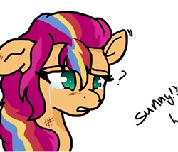 Size: 1280x1095 | Tagged: safe, artist:sheriffwayz, part of a set, sunny starscout, earth pony, pony, g5, bruised, crying, dialogue, implied hitch trailblazer, implied shipping, implied starblazer, implied straight, mane stripe sunny, offscreen character, question mark, simple background, solo, white background