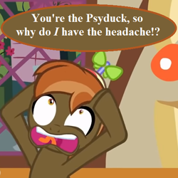 Size: 472x472 | Tagged: safe, artist:jan, edit, editor:korora, button mash, button's adventures, g4, colt, cropped, foal, hat, headache, male, op is a duck (reaction image), pokémon, propeller hat, reaction image