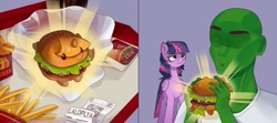 Size: 1432x633 | Tagged: safe, artist:laloplya, twilight sparkle, oc, oc:anon, alicorn, food pony, human, pony, burger, chicken meat, chicken nugget, duo, duo male and female, female, food, french fries, frown, male, mare, meat, ponified, smiling, twilight burgkle, twilight sparkle (alicorn), twilight sparkle is not amused, unamused