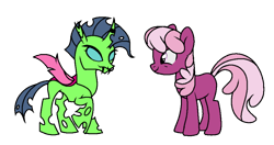 Size: 950x500 | Tagged: safe, artist:eilidh-draw, artist:icicle-niceicle-1517, color edit, edit, cheerilee, oc, oc:chirp (changeling), changeling, earth pony, pony, g4, canon x oc, collaboration, colored, duo, duo female, ear piercing, earring, fangs, female, horn, horn ring, jewelry, lesbian, looking at each other, looking at someone, mare, nose piercing, nose ring, piercing, punk, raised hoof, ring, simple background, transparent background