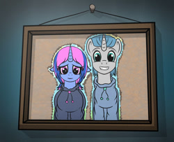 Size: 992x806 | Tagged: safe, artist:undisputed, oc, oc only, oc:magnifying glass, oc:moonlight wish, pony, unicorn, clothes, cutout, duo, female, male, mare, picture, picture frame, robes, smiling, stallion