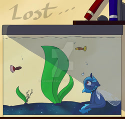 Size: 919x870 | Tagged: safe, artist:cloureed, oc, oc only, oc:wandering rift, breezie, fish, original species, pony, skimmer, blue coat, blue mane, blue tail, braid, colored pupils, cover art, deviantart watermark, fanfic art, fish tank, guppy, leonine tail, lost, obtrusive watermark, red eyes, sad, sitting, solo, tail, two toned mane, two toned tail, underwater, water, watermark