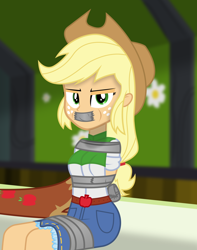 Size: 1200x1521 | Tagged: safe, artist:cardshark777, applejack, human, equestria girls, g4, applejack is not amused, applejack's bedroom, arm behind back, arms, belt, blurry background, bondage, boots, bound and gagged, breasts, bust, button-up shirt, clothes, cowboy hat, cowgirl, denim, denim skirt, digital art, duct tape, female, freckles, gag, green eyes, hat, helpless, legs, lidded eyes, long hair, looking at you, orange skin, ponytail, shirt, sitting, skirt, solo, stetson, tape, tape bondage, tape gag, teenager, tied up, unamused, wiping, yellow hair