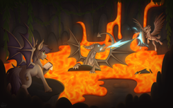 Size: 4000x2500 | Tagged: safe, artist:mxiiisy, oc, oc only, oc:amoo, oc:zoni, bat, bat pony, dragon, pegasus, pony, bat oc, bat pony oc, detailed background, fight, flying, lava, pegasus oc, scenery, spread wings, wings