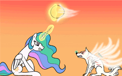 Size: 1000x625 | Tagged: source needed, safe, artist:trash anon, princess celestia, alicorn, pony, wolf, g4, amaterasu, animated, coat markings, competition, concave belly, crossover, duo, female, folded wings, glowing, glowing horn, goddess, gradient background, gritted teeth, height difference, horn, issun, long horn, long legs, looking at each other, looking at someone, loop, magic, magic aura, mare, okami, perfect loop, quadrupedal, raised hoof, sitting, slender, sun, teeth, telekinesis, thin, this will not end well, tug of war, wings