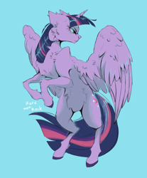 Size: 2290x2760 | Tagged: safe, artist:hard817, twilight sparkle, alicorn, pony, g4, angry, belly fluff, blue background, cheek fluff, ears back, female, high res, mare, rearing, simple background, solo, turned head, twilight sparkle (alicorn)