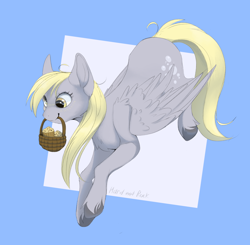 Size: 1996x1958 | Tagged: safe, artist:hard817, derpy hooves, pegasus, pony, g4, basket, blue background, cute, derpabetes, female, food, mare, mouth hold, muffin, simple background, solo, unshorn fetlocks
