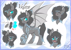 Size: 1879x1312 | Tagged: safe, artist:holomouse, oc, oc:valora, bat pony, hybrid, pony, angry, cute, expressions, female, happy, mare, open mouth, reference sheet, signature, slit pupils, solo, tongue out, uvula