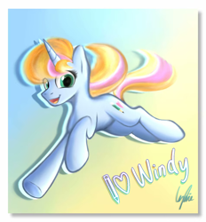 Size: 952x1024 | Tagged: safe, artist:lydia, oc, oc only, oc:windy／painting heart, pony, unicorn, eye clipping through hair, female, gradient background, happy, looking at you, mare, open mouth, open smile, smiling, solo