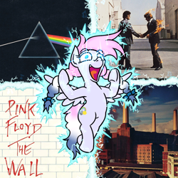 Size: 1080x1080 | Tagged: safe, artist:jargon scott, oc, oc:heavy weather, album cover, animal, dragon ball, lightning, pigtails, pink floyd, powering up, super saiyan, the dark side of the moon, the wall, this will end in death, wish you were here