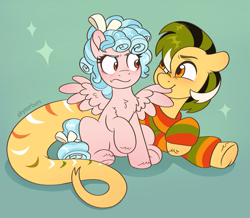 Size: 2221x1934 | Tagged: oc name needed, safe, artist:skysorbett, cozy glow, oc, lamia, original species, pegasus, pony, snake, snake pony, g4, angry, annoyed, biting, chest fluff, clothes, duo, female, filly, foal, green background, playful, simple background, wing bite, wings