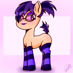 Size: 1280x1280 | Tagged: safe, artist:orange becrux, oc, oc only, oc:orange becrux, pony, g4, g5, bisexual, clothes, glasses, lips, male, purple hair, raised tail, seductive look, socks, solo, striped socks, tail