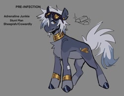 Size: 1072x834 | Tagged: safe, artist:psychebasilisk, oc, oc only, pony, unicorn, chest fluff, gold, gray background, gray coat, hooves, infection, male, mlp infection, simple background, solo, stallion