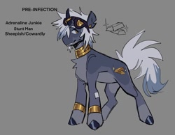 Size: 1072x834 | Tagged: safe, artist:psychebasilisk, oc, oc only, pony, unicorn, chest fluff, gold, gray background, gray coat, hooves, infection, infection au, male, simple background, solo, stallion