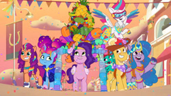 Size: 3072x1727 | Tagged: safe, screencap, hitch trailblazer, izzy moonbow, misty brightdawn, pipp petals, sparky sparkeroni, sunny starscout, zipp storm, dragon, earth pony, pegasus, pony, unicorn, g5, heavy is the mane that wears the fruit crown, my little pony: tell your tale, spoiler:g5, spoiler:my little pony: tell your tale, spoiler:tyts02e02, baby, baby dragon, female, flying, goggles, grin, male, mane five, mane seven (g5), mane six (g5), mane stripe sunny, mare, open mouth, open smile, papa hitch, rebirth misty, roller skates, royal sisters (g5), siblings, sisters, skates, smiling, spread wings, stallion, wings