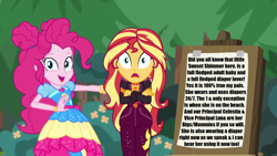 Size: 1920x1080 | Tagged: safe, anonymous artist, anonymous editor, edit, edited edit, edited screencap, screencap, pinkie pie, sunset shimmer, human, equestria girls, equestria girls specials, g4, my little pony equestria girls: better together, my little pony equestria girls: sunset's backstage pass, abdl, accessory, belt, bush, canvas, clothes, diaper, diaper edit, diaper fetish, diaper under clothes, dress, exclamation point, eyebrows, eyelashes, eyes open, fetish, flower, forest, geode of empathy, geode of sugar bombs, hair bun, happy, impact font, implied princess celestia, implied princess luna, implied principal celestia, implied vice principal luna, jacket, leather, leather jacket, leather pants, looking, looking at you, magical geodes, music festival outfit, nature, non-baby in diaper, open mouth, outdoors, outfit, pants, shirt, sign, symbol, t-shirt, template, text, text edit, tree, wall of tags, wristband