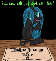 Size: 250x270 | Tagged: safe, artist:alumina nitride, nightmare moon, queen chrysalis, g4, black background, card, inscryption, pixel art, simple background, table, text