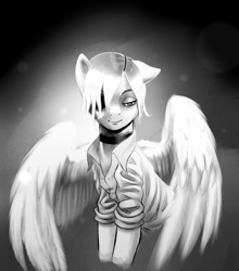 Size: 1620x1840 | Tagged: safe, artist:n0thingbutath0ught, oc, pegasus, black and white, chainsaw man, crossover, eyepatch, grayscale, monochrome, quanxi, wings
