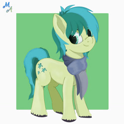Size: 1280x1280 | Tagged: safe, artist:maslivka, sandbar, earth pony, pony, g4, clothes, cute, long hair, looking at you, male, sandabetes, scarf, smiling, smiling at you, solo, stallion
