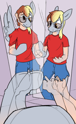 Size: 1632x2628 | Tagged: safe, artist:vanillayote, derpy hooves, human, pegasus, pony, g4, double vision, glasses, hand, high res, hooves, human to pony, mid-transformation, mirror, offscreen character, pov, reflection, transformation, wavy mouth