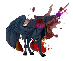 Size: 900x750 | Tagged: safe, artist:creepyfantasies, rainbow dash, pegasus, pony, fanfic:rainbow factory, g4, blood, fanfic art, glowing, glowing horn, horn, rainbow factory dash, raised hoof, simple background, solo, spread wings, transparent background, unshorn fetlocks, wings