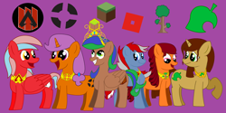 Size: 3000x1500 | Tagged: safe, artist:iamaveryrealperson, earth pony, pegasus, pony, unicorn, g4, 2020, animal crossing, apex legends, big eyes, elements, female, folded wings, looking at someone, looking at something, mare, minecraft, ms paint, open mouth, ponified, purple background, raised hoof, roblox, simple background, smiling, team fortress 2, teeth, terraria, wings