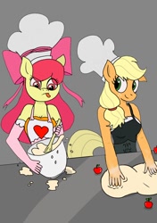 Size: 874x1240 | Tagged: safe, artist:stringbutter6, apple bloom, applejack, earth pony, anthro, g4, apple, apple sisters, apron, baking, clothes, food, siblings, sisters, tongue out, wooden spoon