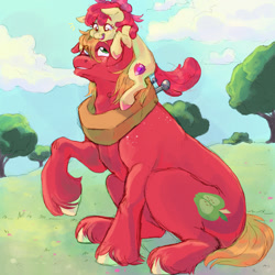 Size: 1600x1600 | Tagged: safe, artist:abbytabbys, apple bloom, big macintosh, earth pony, pony, g4, apple bloom riding big macintosh, brother and sister, cloud, day, female, filly, foal, grass, looking left, male, pony hat, siblings, stallion, tree