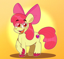 Size: 2048x1908 | Tagged: safe, artist:raine-bow, apple bloom, earth pony, pony, g4, adorabloom, apple bloom's bow, bow, cute, female, filly, foal, gradient background, hair bow, happy, looking at you, open mouth, open smile, smiling, smiling at you, solo, unshorn fetlocks