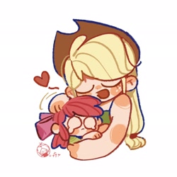 Size: 2048x2048 | Tagged: safe, artist:cloverieee, apple bloom, applejack, human, g4, apple sisters, comforting, crying, duo, eyes closed, heart, hug, humanized, siblings, simple background, sisters, white background