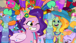 Size: 3072x1727 | Tagged: safe, screencap, clapboard snap, dazey puzzle, flowa queen, pipp petals, sugarpuff lilac, earth pony, pegasus, pony, unicorn, g5, heavy is the mane that wears the fruit crown, my little pony: tell your tale, spoiler:g5, spoiler:my little pony: tell your tale, eyes closed, female, filly, foal, grin, male, mare, one eye closed, open mouth, open smile, smiling, stallion, unnamed character, wink