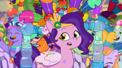 Size: 3072x1727 | Tagged: safe, screencap, clapboard snap, dazey puzzle, fantastic shimmer, flowa queen, pipp petals, sugarpuff lilac, earth pony, pegasus, pony, unicorn, g5, heavy is the mane that wears the fruit crown, my little pony: tell your tale, spoiler:g5, spoiler:my little pony: tell your tale, eyes closed, female, filly, foal, male, mare, open mouth, open smile, smiling, stallion, unnamed character