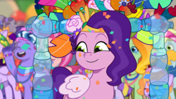 Size: 3072x1727 | Tagged: safe, screencap, clapboard snap, ivy rose, pipp petals, strawberry supreme, sugarpuff lilac, earth pony, pegasus, pony, unicorn, g5, heavy is the mane that wears the fruit crown, my little pony: tell your tale, spoiler:g5, spoiler:my little pony: tell your tale, spoiler:tyts02e02, adorapipp, cute, eyes closed, female, filly, foal, hey pippsqueaks, male, mare, open mouth, open smile, smiling, stallion, unnamed character